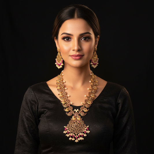 Ruby Kemp Mango Haram With Chandbali - Gold Finish Long Necklace