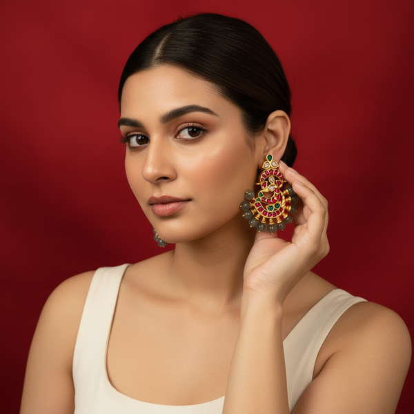 Ruby Moissanite Polki Earrings 2 Inch - Kundan Emerald Traditional Earrings 30g