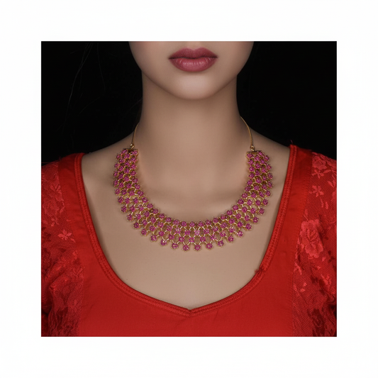 CZ Ruby Necklace Set - 24K Gold Plated Bridal Jewellery
