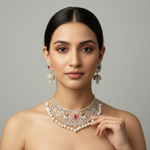 Scintillating Scallops American Diamond Choker Set - Pearl Drops Royal Design