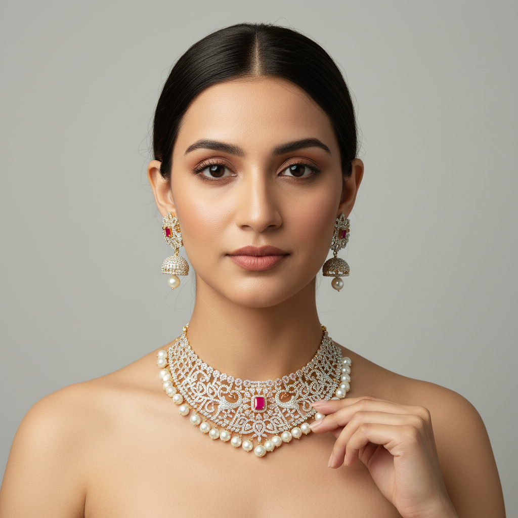 Scintillating Scallops American Diamond Choker Set - Pearl Drops Royal Design