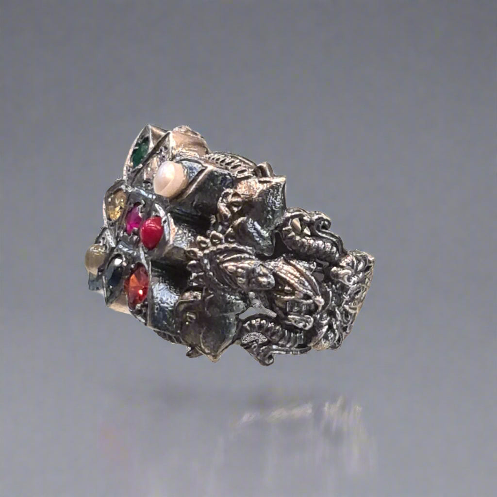 Embrace Elegance: The Exquisite 92.5 Silver Navratna-Embedded Balaji Ring for Men