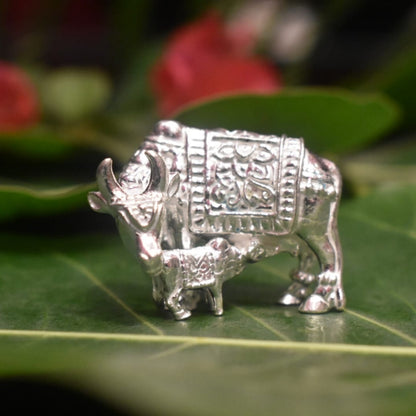 Silver Kamdhenu Cow and Calf Idol