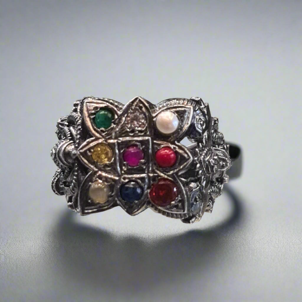Embrace Elegance: The Exquisite 92.5 Silver Navratna-Embedded Balaji Ring for Men