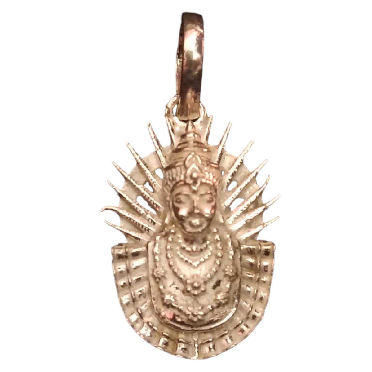 A silver-colored Ellamma locket with a floral and geometric design, suspended from a small silver chain.