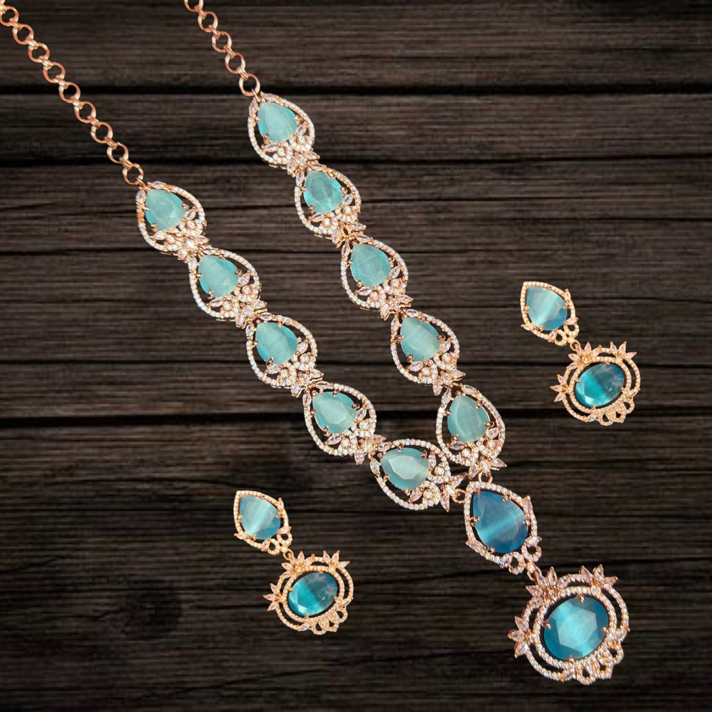 Sky Blue American Diamond Necklace Set - Rose Gold Royal Wedding Jewelry