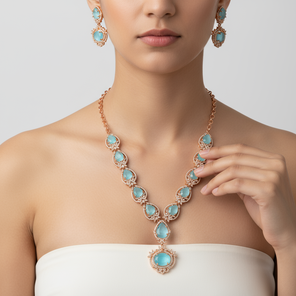 Sky Blue American Diamond Necklace Set - Rose Gold Royal Wedding Jewelry