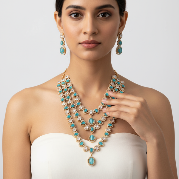 Sky Blue Rose Gold American Diamond Layered Necklace - 24 Inch Wedding Jewelry