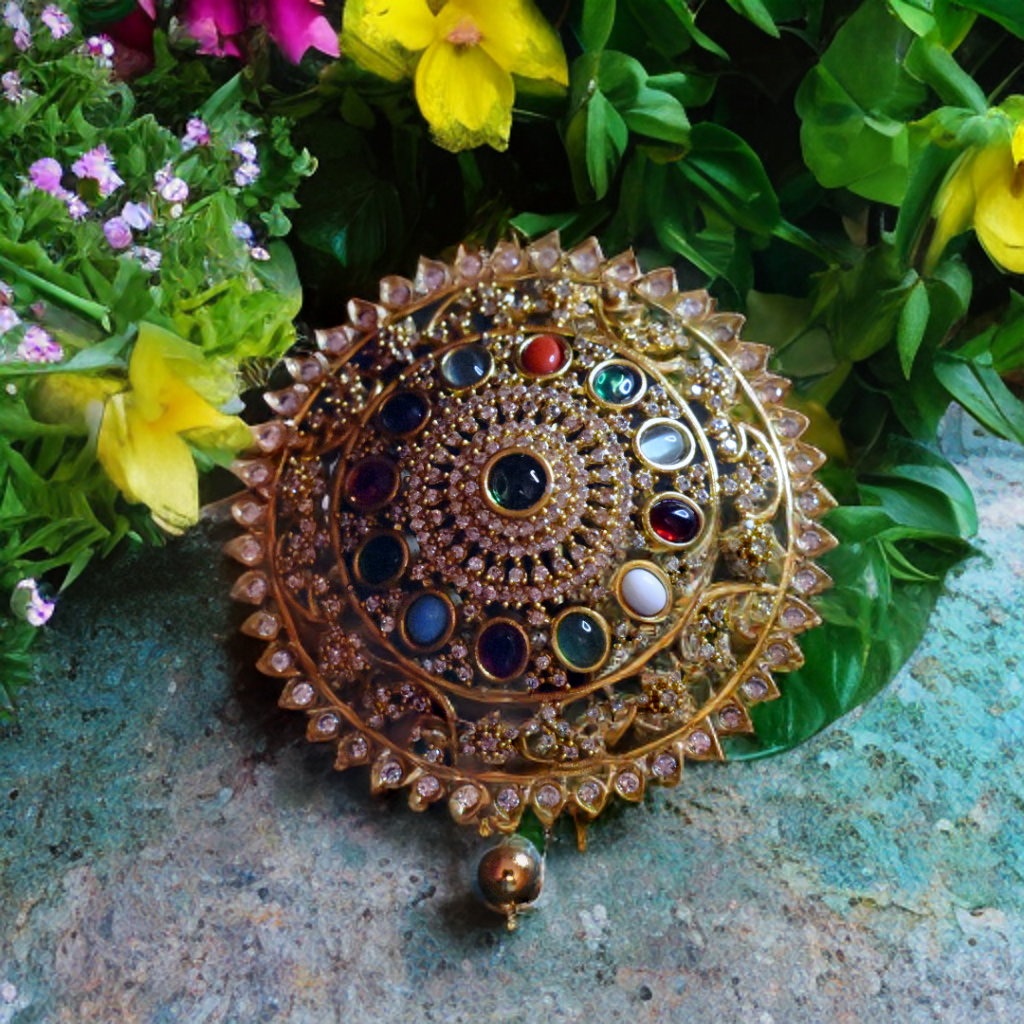 Antique Navratna Jada Billa - Nine Gemstone Hair Pin