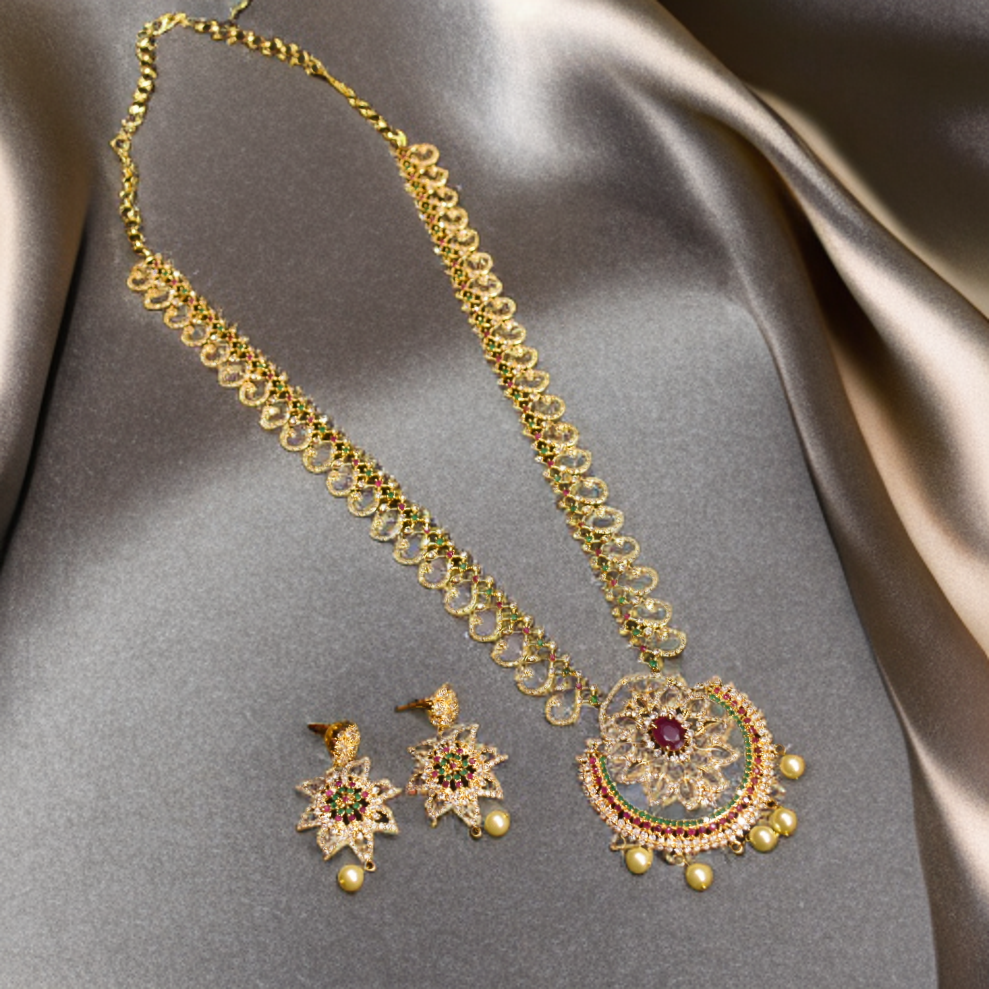 CZ Gold Plated Long Necklace Set - Luxury Bridal Wedding Jewelry