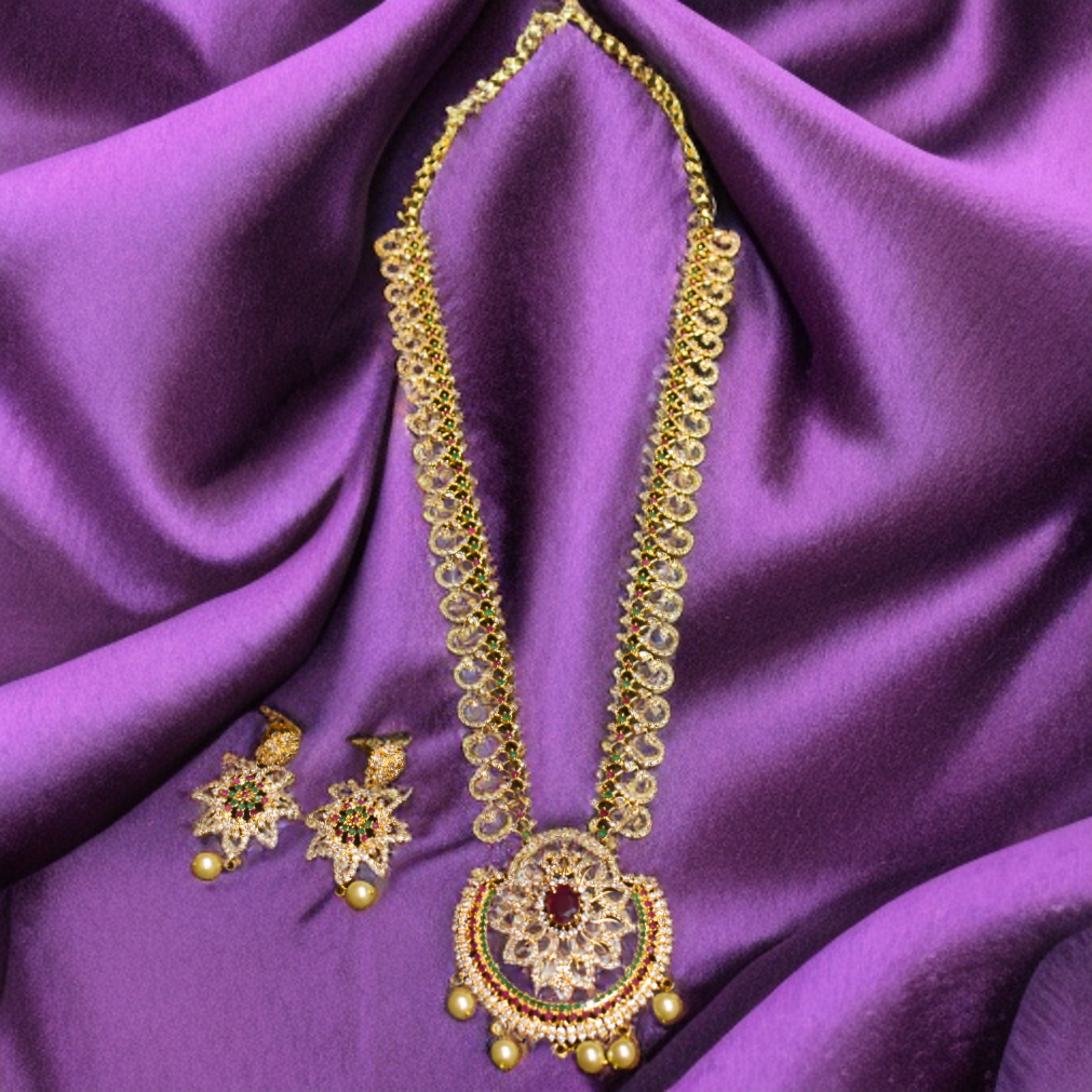 Asp Cz Gold Plated Long Necklace Set