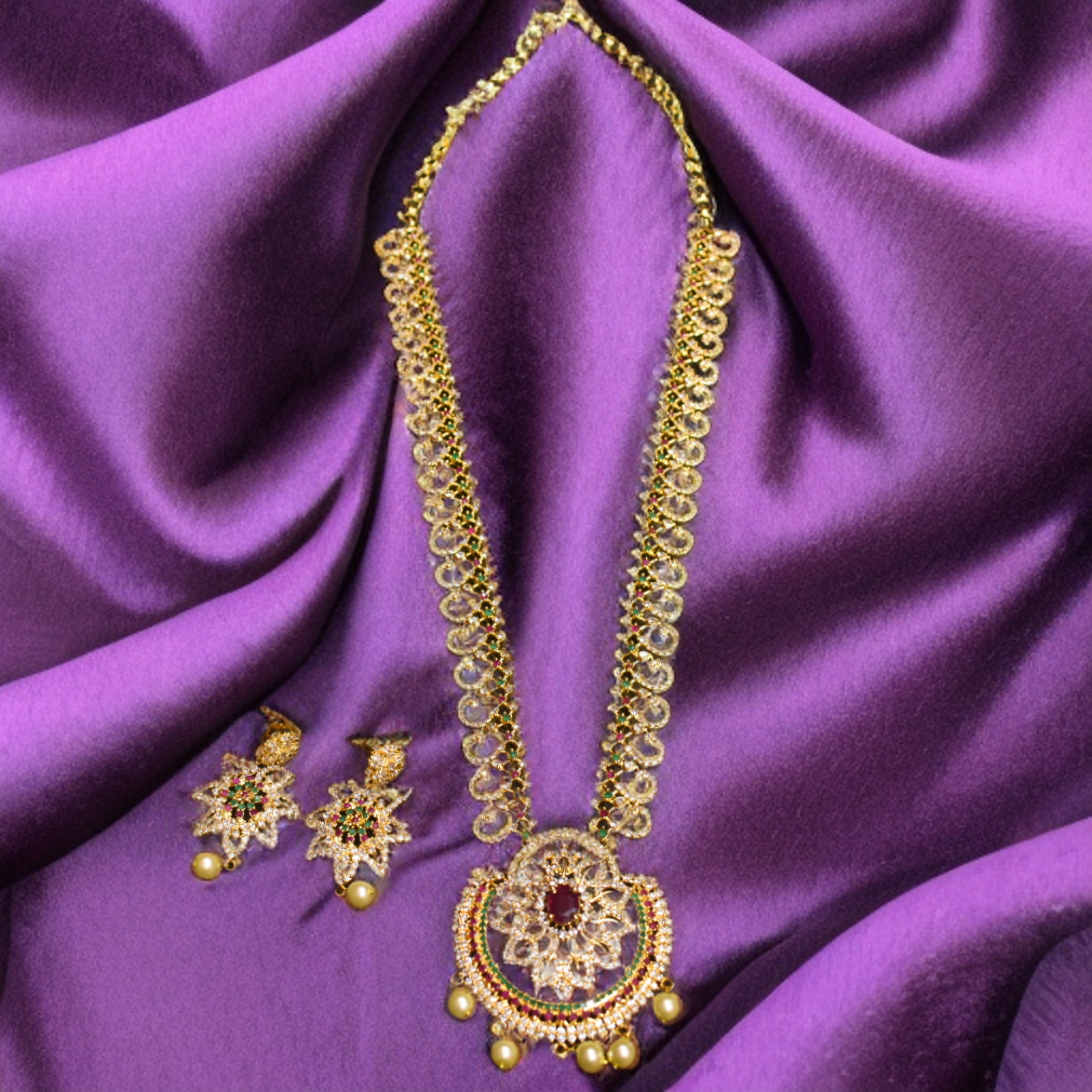 CZ Gold Plated Long Necklace Set - Luxury Bridal Wedding Jewelry
