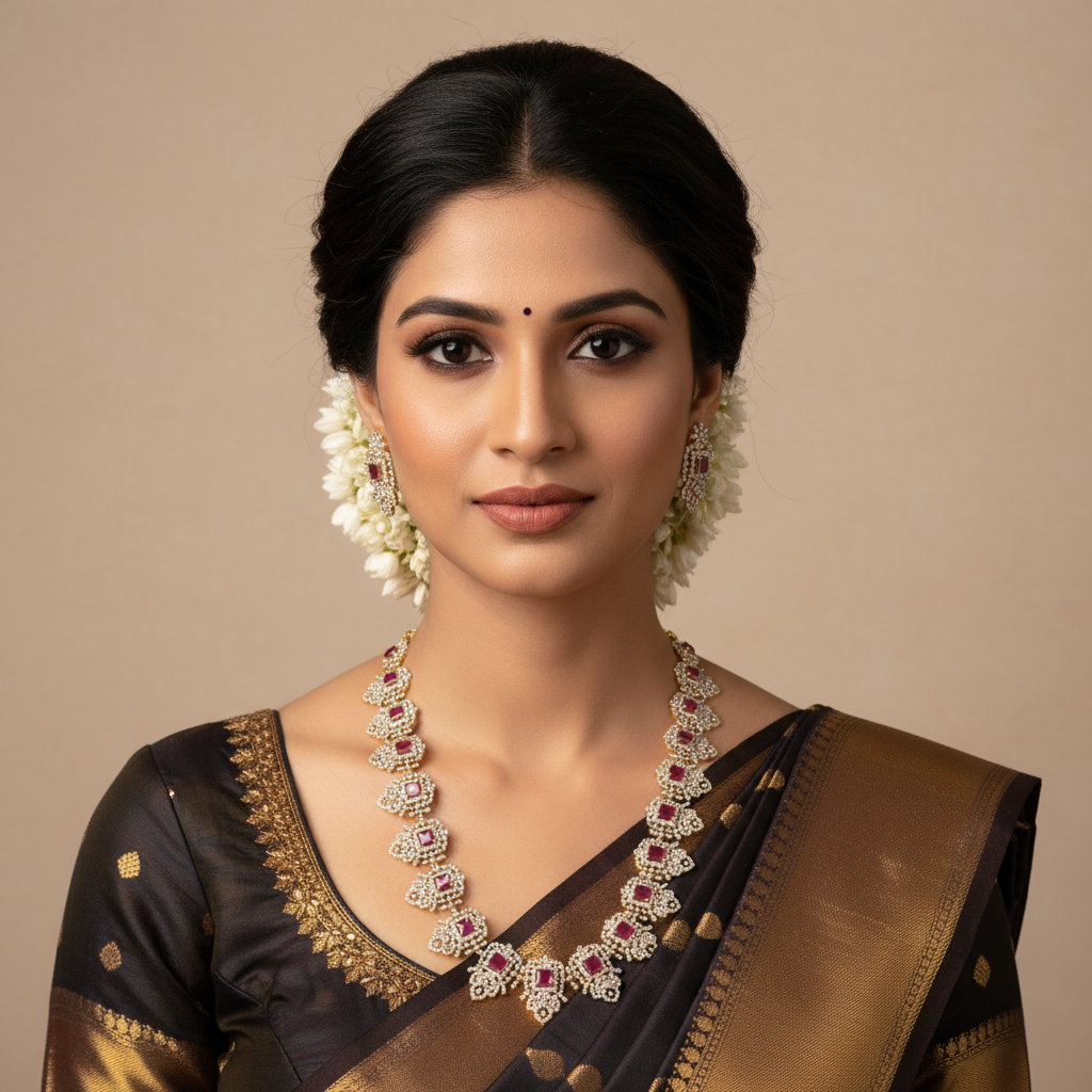 South Indian American Diamond Emerald Necklace 