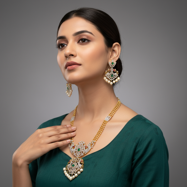 Tarini American Diamond Necklace Set - Peacock Floral Design
