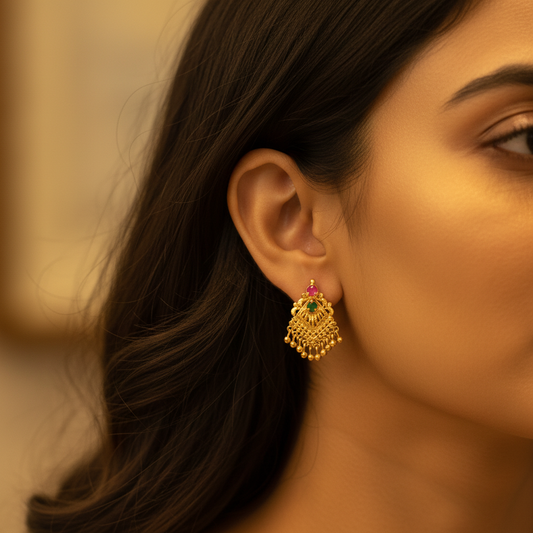 Temple Jhumka Earrings with Pink & Green