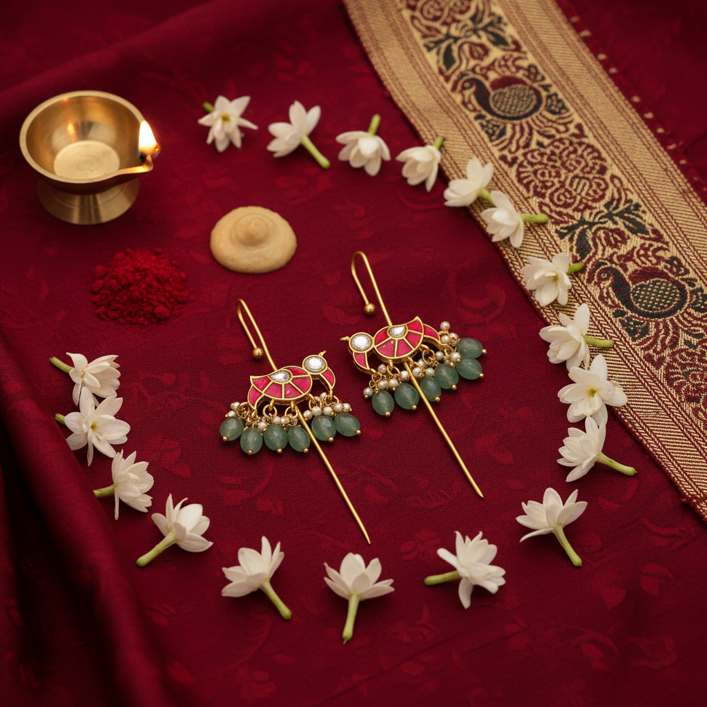 Temple Threader Earrings with Kemp and Emerald Drops