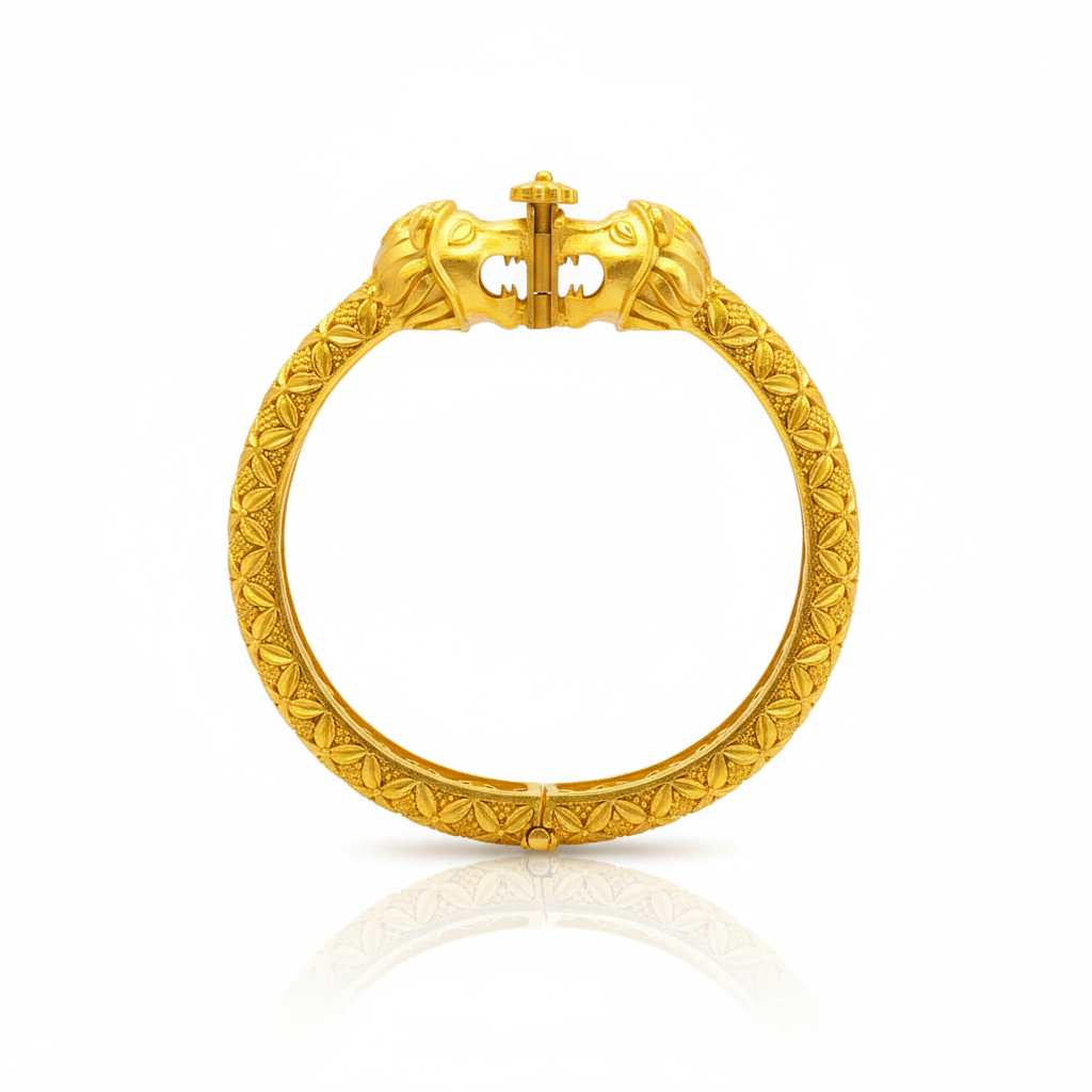 Tiger Face Gold Plated Men's Kada Bangle - Traditional Temple Jewelry