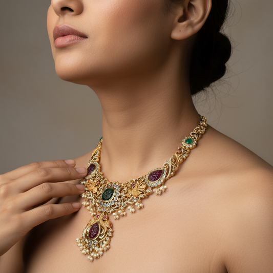 Traditional Pachi Bridal Haar - Ruby CZ Stones Long Necklace Set
