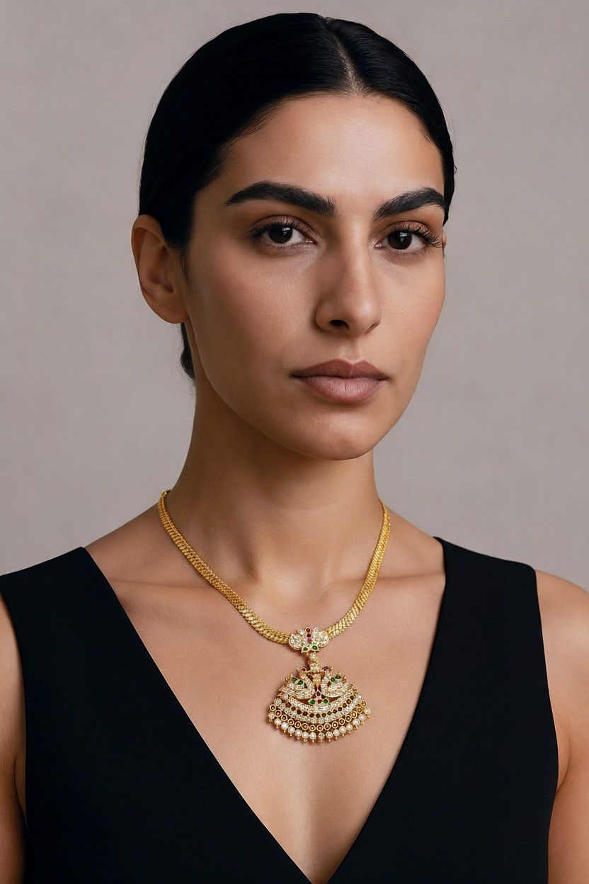 Traditional South Indian 24K Gold Plated Zircon Naan Pathakam Necklace