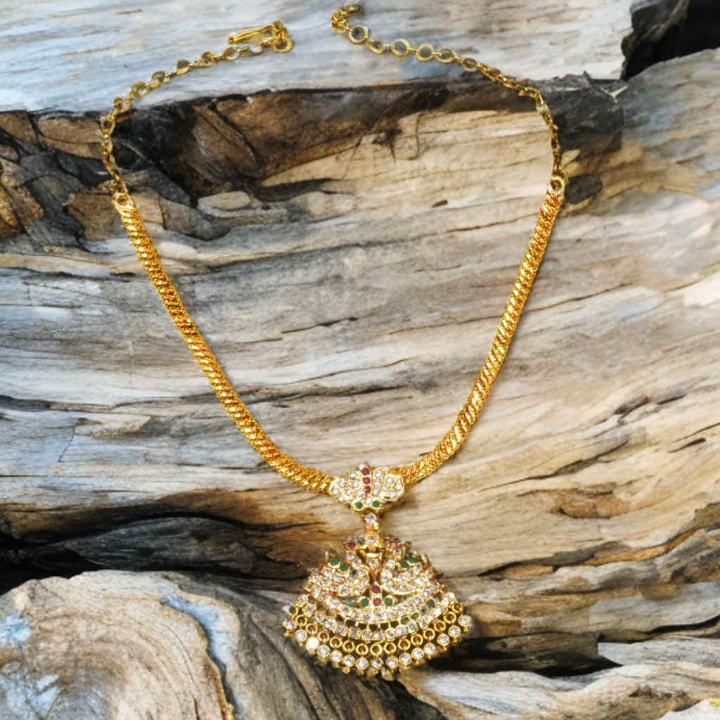 Traditional South Indian 24K Gold Plated Zircon Naan Pathakam Necklace