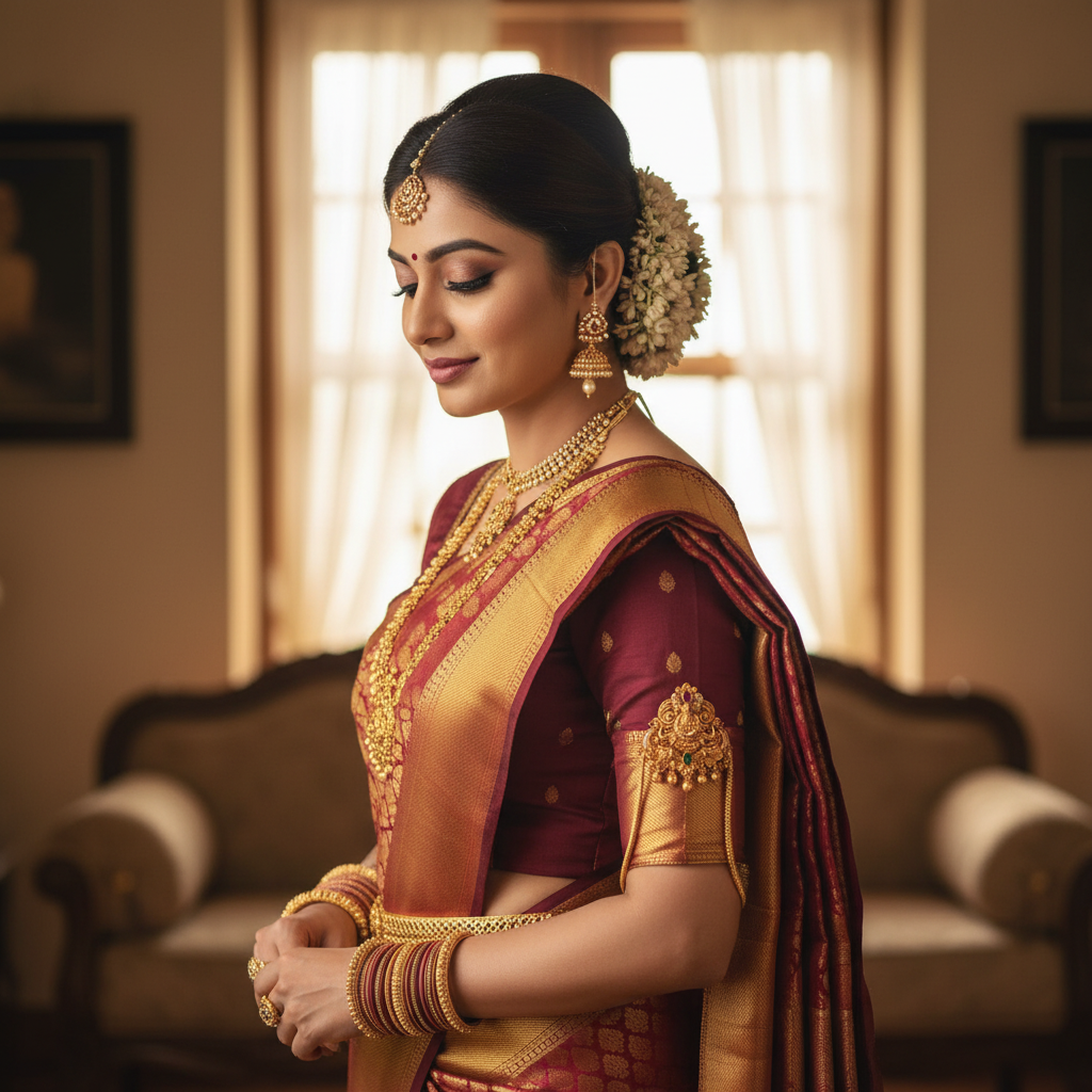 Woman wearing traditional temple vanki armlet