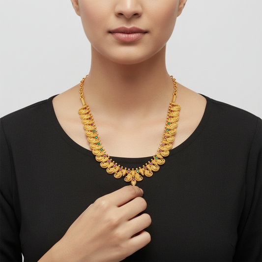 Traditional Temple Peacock Necklace with Kempu Stones