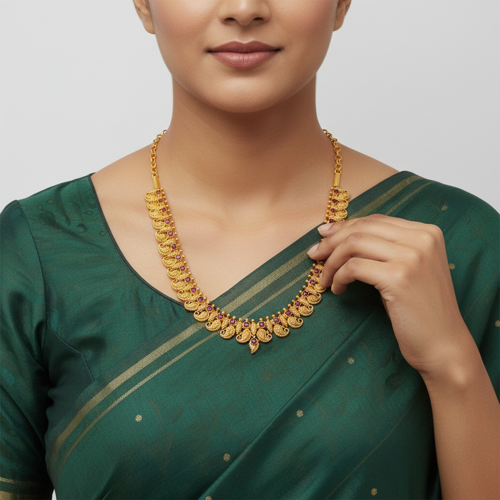 Traditional Temple Peacock Necklace with Ruby Stones