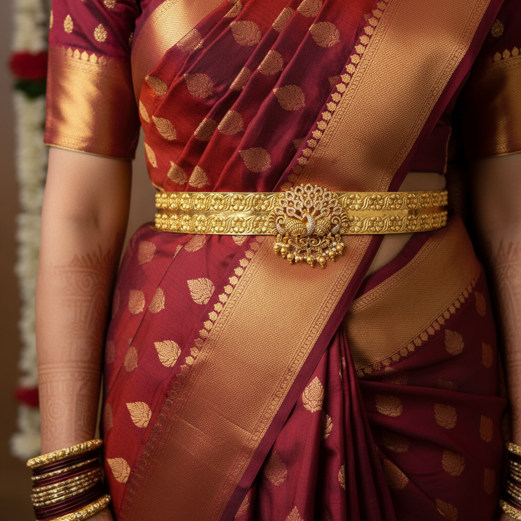 South Indian bride wearing peacock design vaddanam