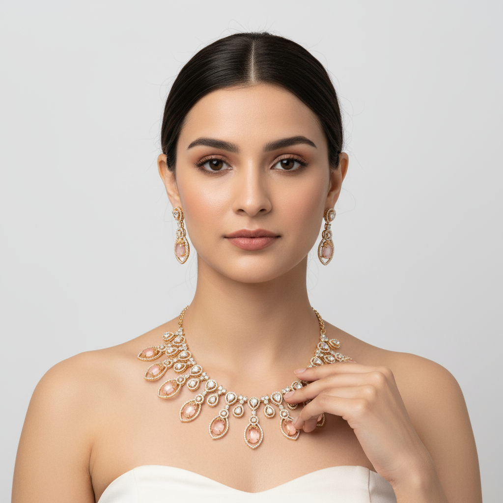 Trendy Pink Rose Gold American Diamond Necklace Set - Bridal Jewelry