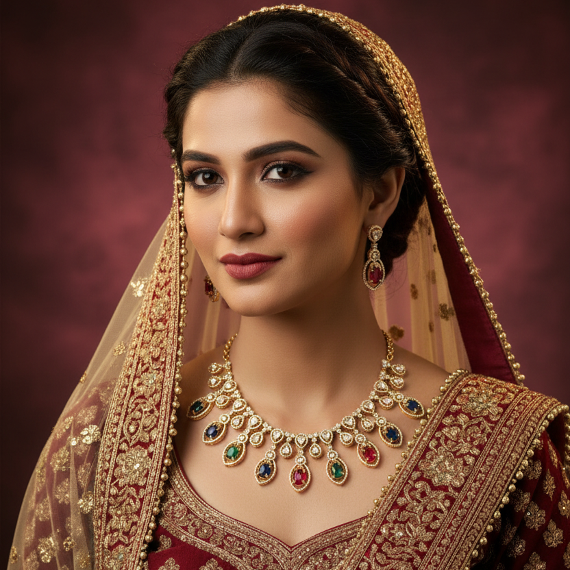 Trendy Rose Gold American Diamond Necklace Set with Colored Stones 