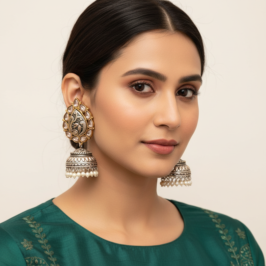 Tribal Peacock Kundan Jhumka - Oxidized Silver Statement Earrings
