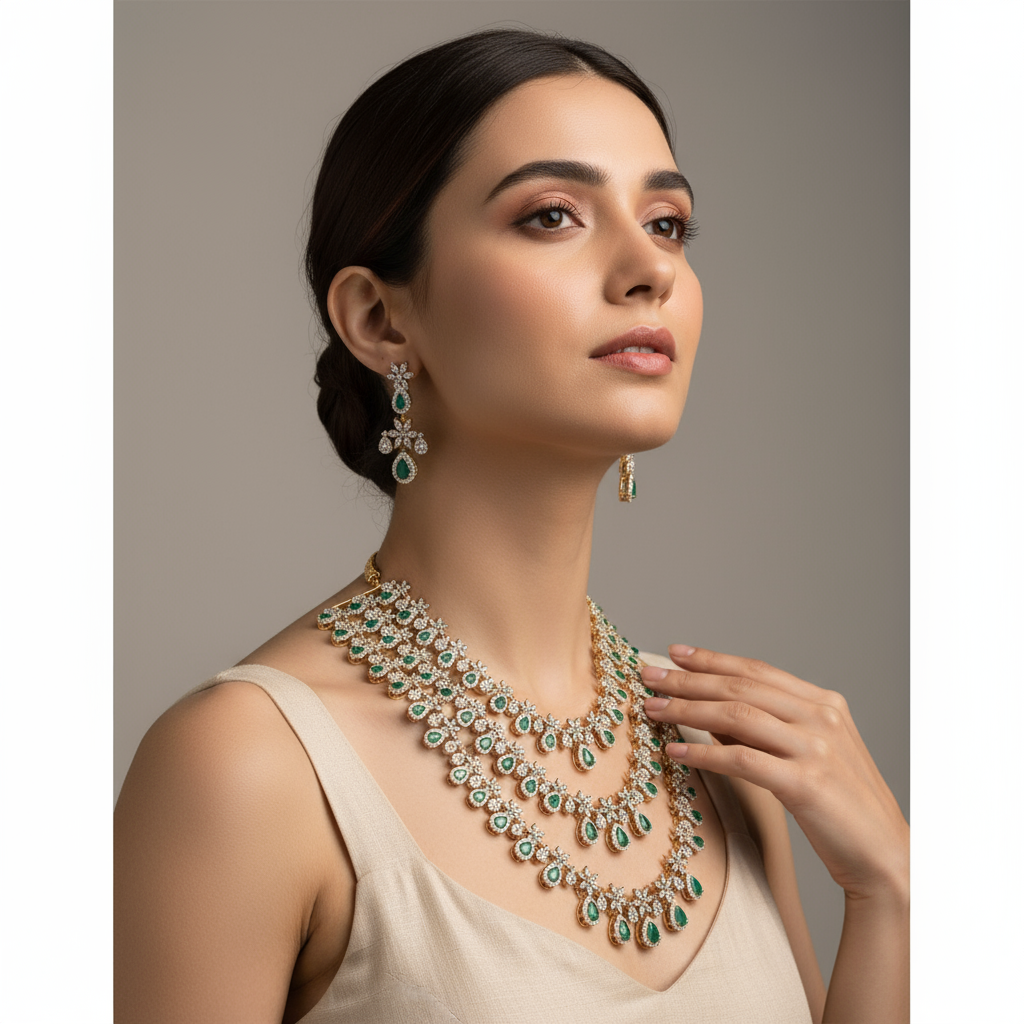 Triple Layer American Diamonds Haram - Exquisite Bridal Necklace Set