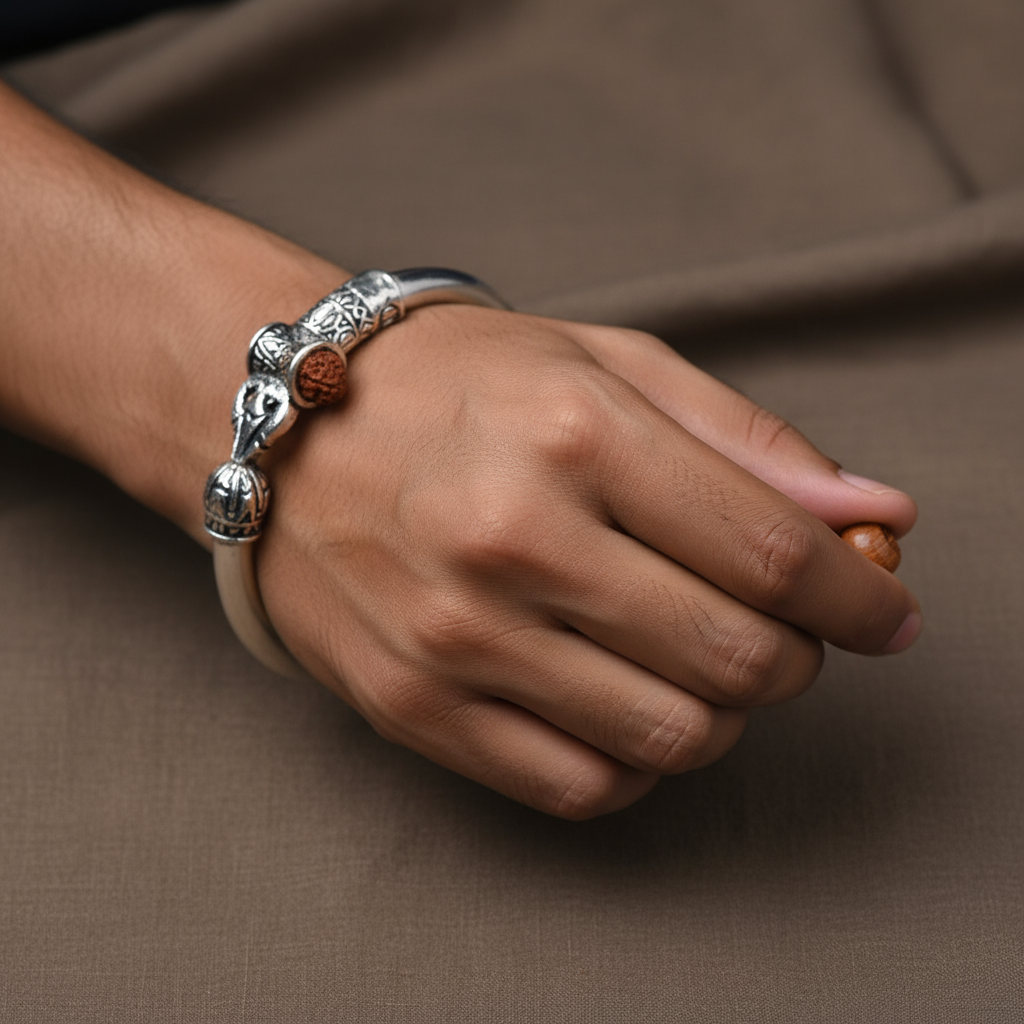Silver Oxidized Trishul Damroo Kada for Men - Lord Shiva Bracelet | 800 Purity