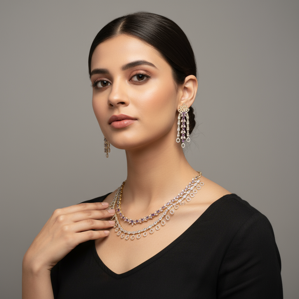 Two Layer Zircon Necklace Set - Two Tone Gold-Rhodium Polish