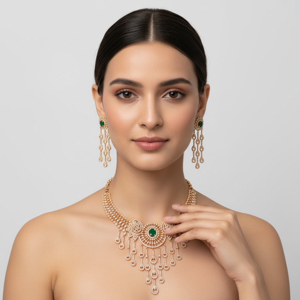 Ultra Modern Emerald American Diamond Necklace Set - Rose Gold Dangler Jewelry
