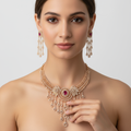 Ultra Modern Ruby American Diamond Necklace Set - Rose Gold Dangler Jewelry