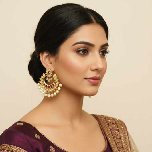Uncut Diamond Chandbali Earrings - Traditional Polki Crescent Design