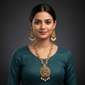 Uncut Diamond Long Necklace Set - 24K Gold Ruby Emerald Wedding Haram