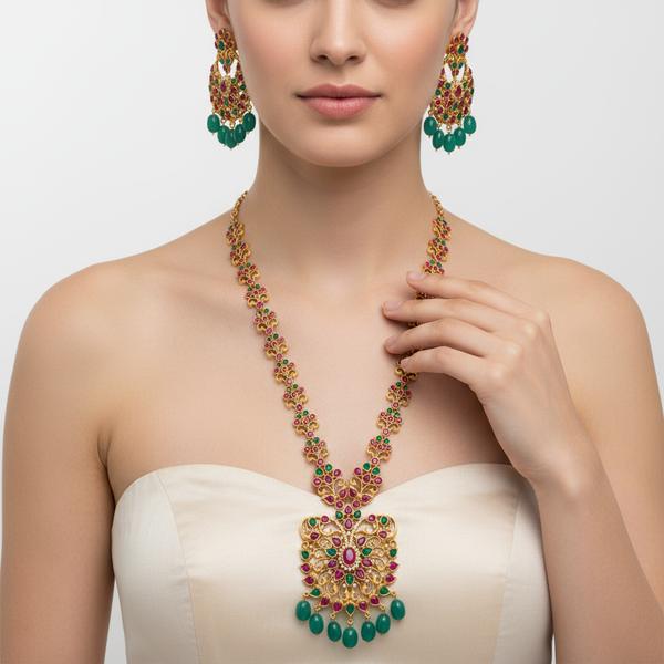 Uncut Diamond Long Necklace Set - 24K Gold Traditional Wedding Haram with Gems