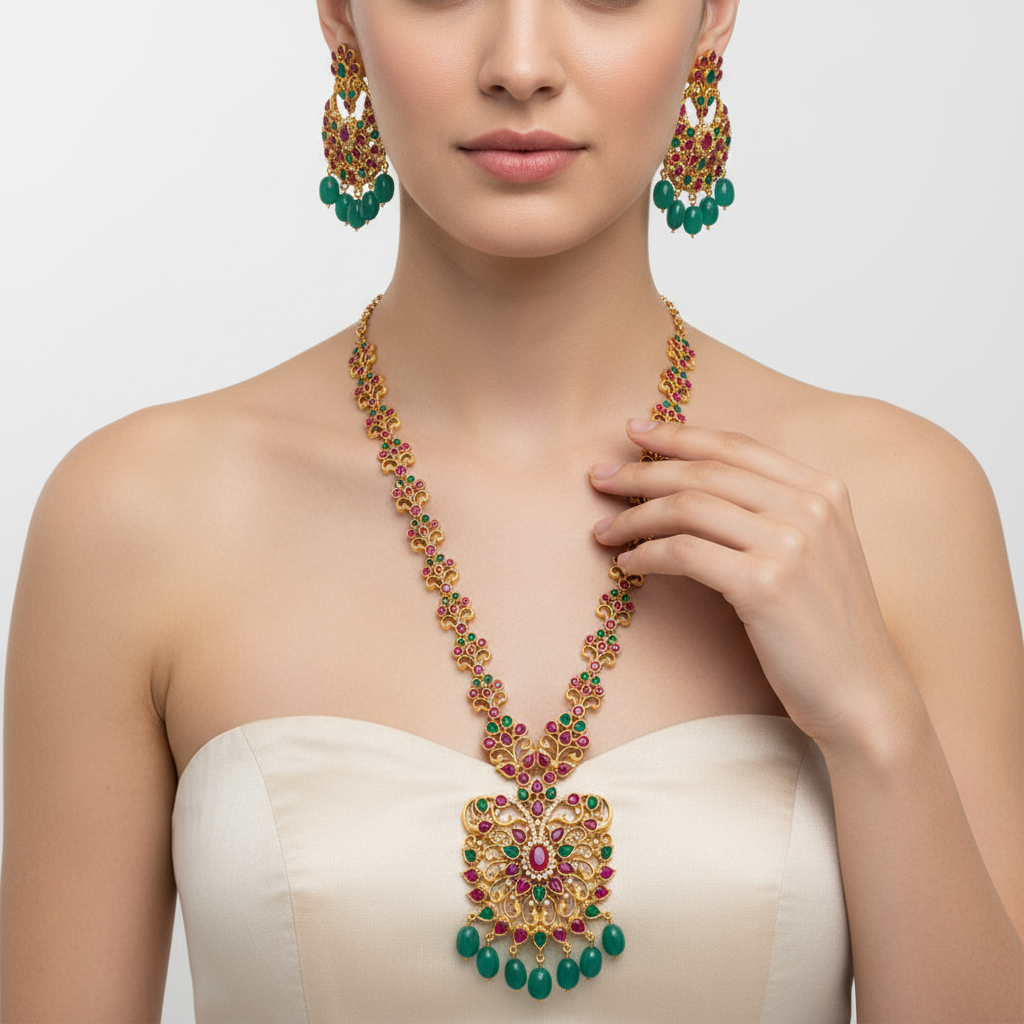 Uncut Diamond Long Necklace Set - 24K Gold Traditional Wedding Haram with Gems