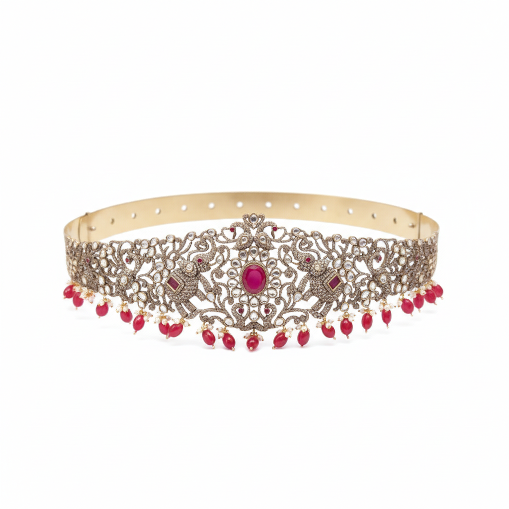 Victorian Diamond Vaddanam - Gold Finish Bridal Belt with Elephant Motifs