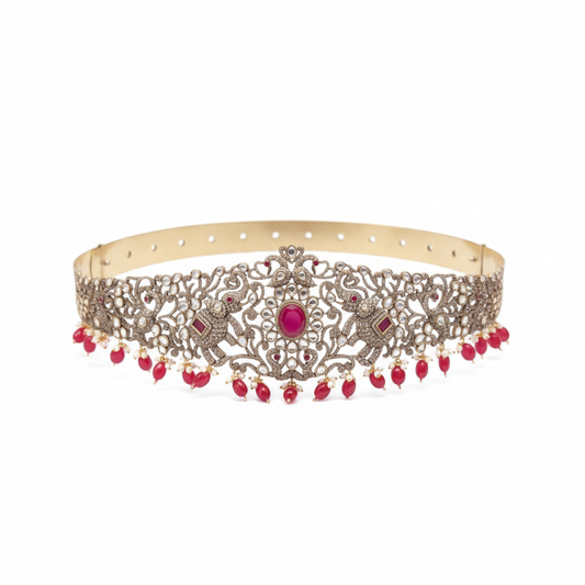 Victorian Diamond Vaddanam - Gold Finish Bridal Belt with Elephant Motifs