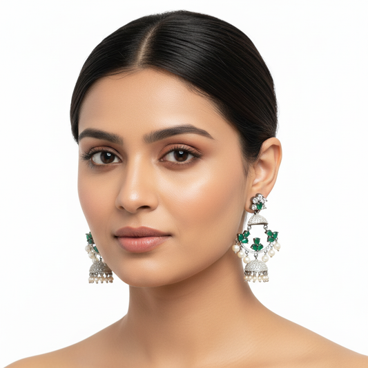 Victorian Emerald Chandbali Earrings with CZ & Pearl Drops