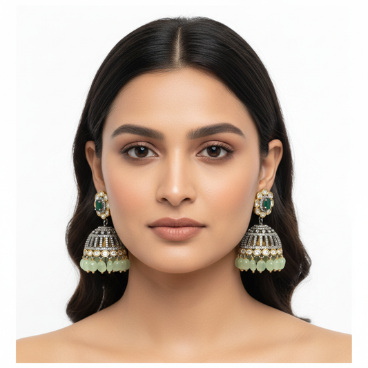 Victorian Kundan Jhumka Earrings with Moissanite & Jade Drops | 24K Gold Finish