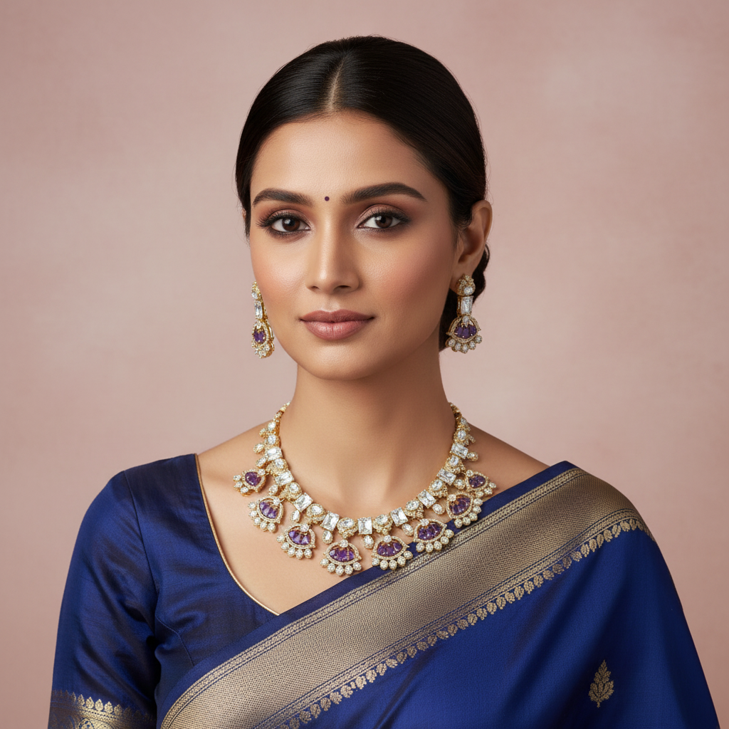 Victorian Kundan Necklace Set with Earrings - Premium Temple Jewelry