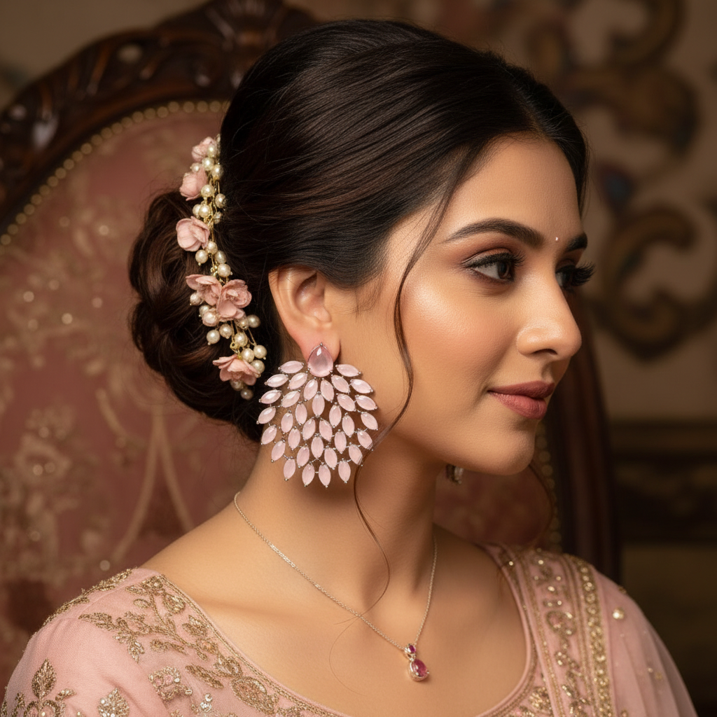 Pink Leaf Chandelier Earrings 