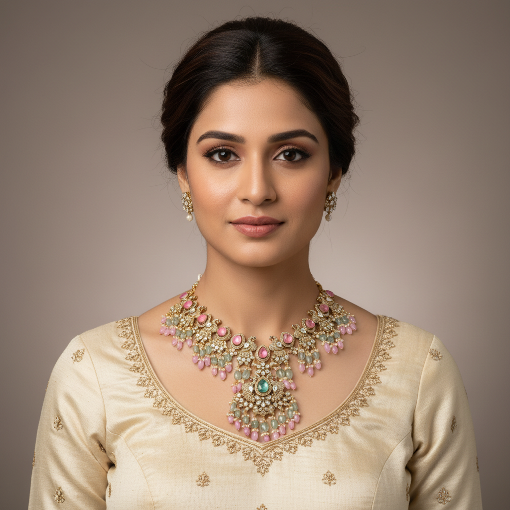  Victorian Pink Zircon & Kundan Necklace Set