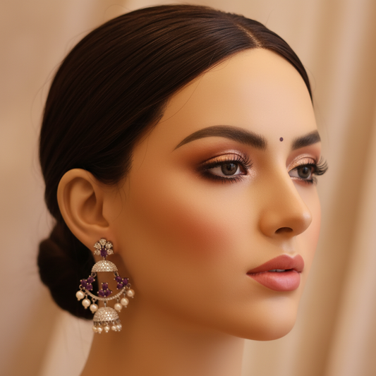 Victorian Purple American Diamond Chandbali Earrings with Pearl Drops | Black Oxidised Finish