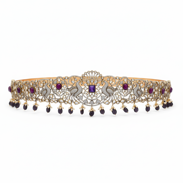 Victorian Purple Kundan Peacock Belt Vaddanam