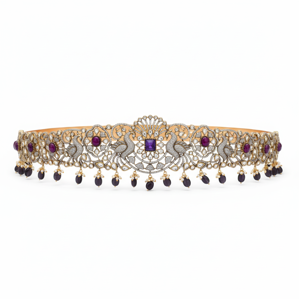 Victorian Purple Kundan Peacock Belt Vaddanam
